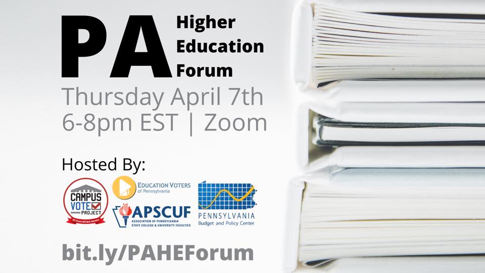 The PA Higher Education Forum, a conversation about #highereducation #funding and @GovernorTomWolf's #PAbudget proposal, is slated for 6–8 p.m. Thursday, April 7, via Zoom. Visit bit.ly/PAHEForum for details and to register. #HigherEd  #fundPAfuture