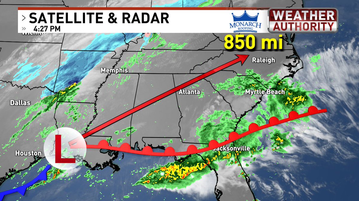 EdPiotrowski's tweet photo. The storm system that will produce a line of showers and storms that crosses our area Saturday morning is over Lousiana right now. It will intensify and accelerate northeast covering 850 miles over the next 12-14 hours. #scwx #ncwx #fastmover https://t.co/3ZTUCwrhrX