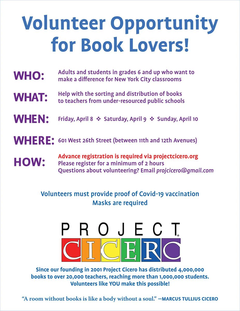 nysoclib's tweet photo. #BookLovers, #LibraryLifers, and other #bookworms unite! We're seeking volunteers for the #ProjectCicero book distribution event, April 8, 9, &amp; 10! 
https://t.co/jOb70NrWQM @levarburton 
#PromoteLiteracy #VolunteerNYC #NYCTeachers  #ReadingCommunity #BookSorting #HelpingHands https://t.co/uVWea0dQyu