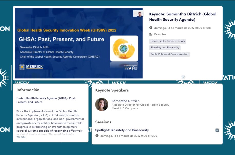 Keynote Speaker: Samantha Dittrich, Chair of the <a href="/GHSAConsortium/">GHSAC</a> "Global Health Security Agenda: Past, Present &amp; Future" #GHSIW conference 2022. If you want to learn about the role and value of the GHSA in a post-COVID world and the future of GHS, don´t miss this presentation!