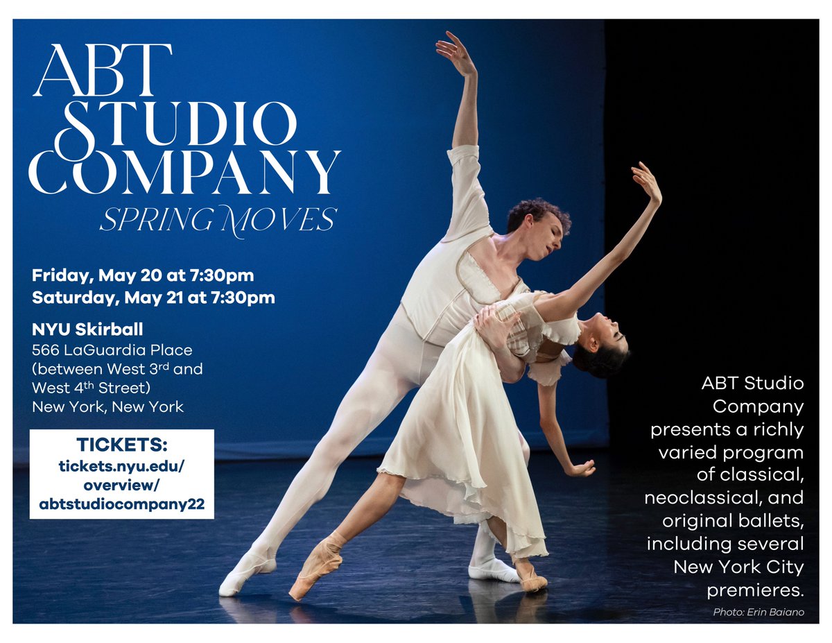 ABT Studio Company is returning to the NYC stage on May 20 and 21 ✨ Get your tickets before April 20 and receive $5 off with promo code: EARLYBIRD

ABT STUDIO COMPANY: SPRING MOVES
Friday, May 20 at 7:30pm
Saturday, May 21 at 7:30pm
<a href="/nyuskirball/">NYU Skirball</a> 
bit.ly/ABTStudioCompa…