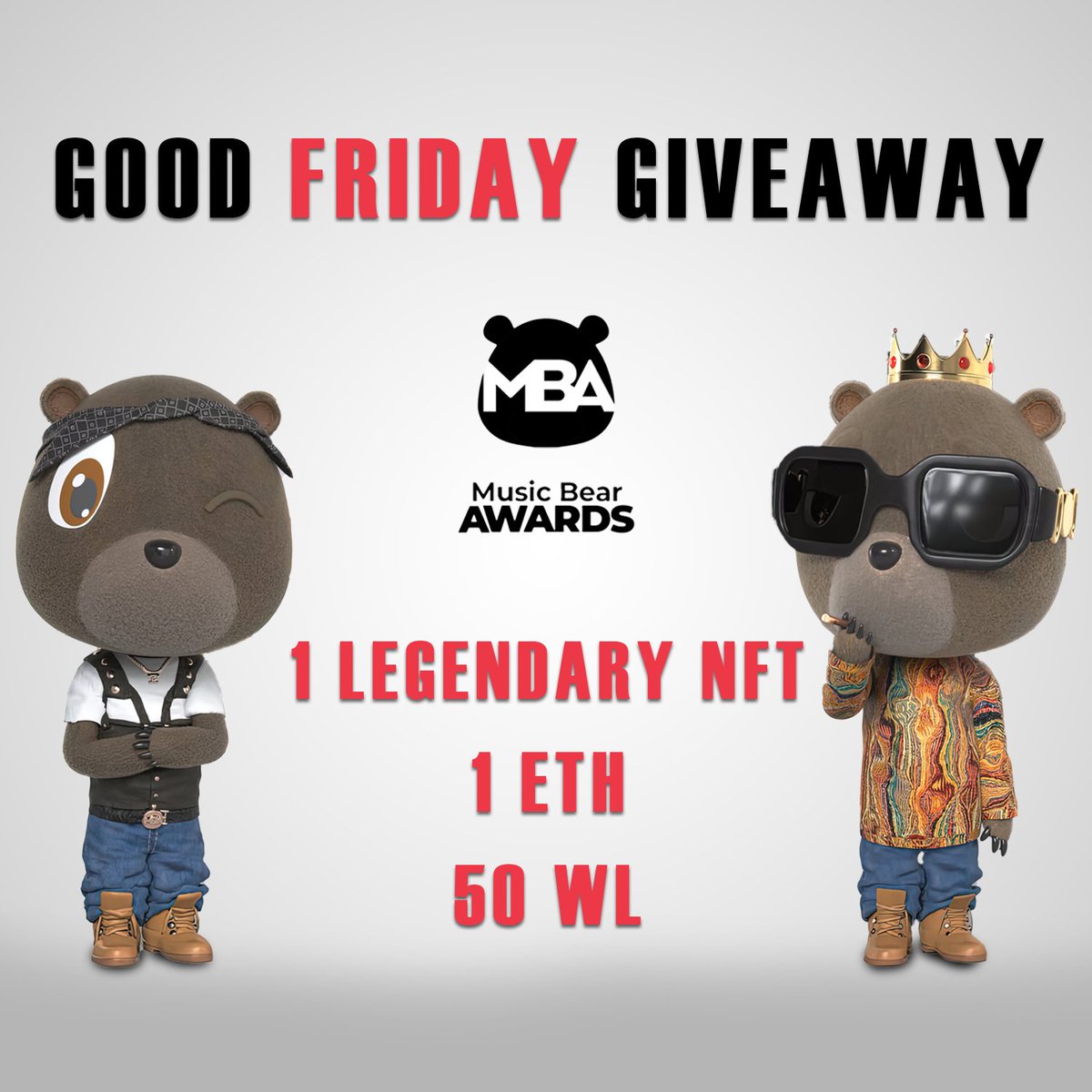 🎁 HUGE #NFTGiveaway 🎁

We 🐻🎵 are giving away 1 LEGENDARY NFT + 1 ETH + 50 WL Spots ☑️

To win 
✅ Join Discord bit.ly/3pXnNn0
✅ Follow <a href="/MusicBearAwards/">Music Bear Awards</a>
✅❤️ &amp; RT + Tag 3 friends

⏰ Winners announce: 72h🐻

#MBA #MBANFT #NFT #NFTCommunity #NFTGiveaways #NFTs #music