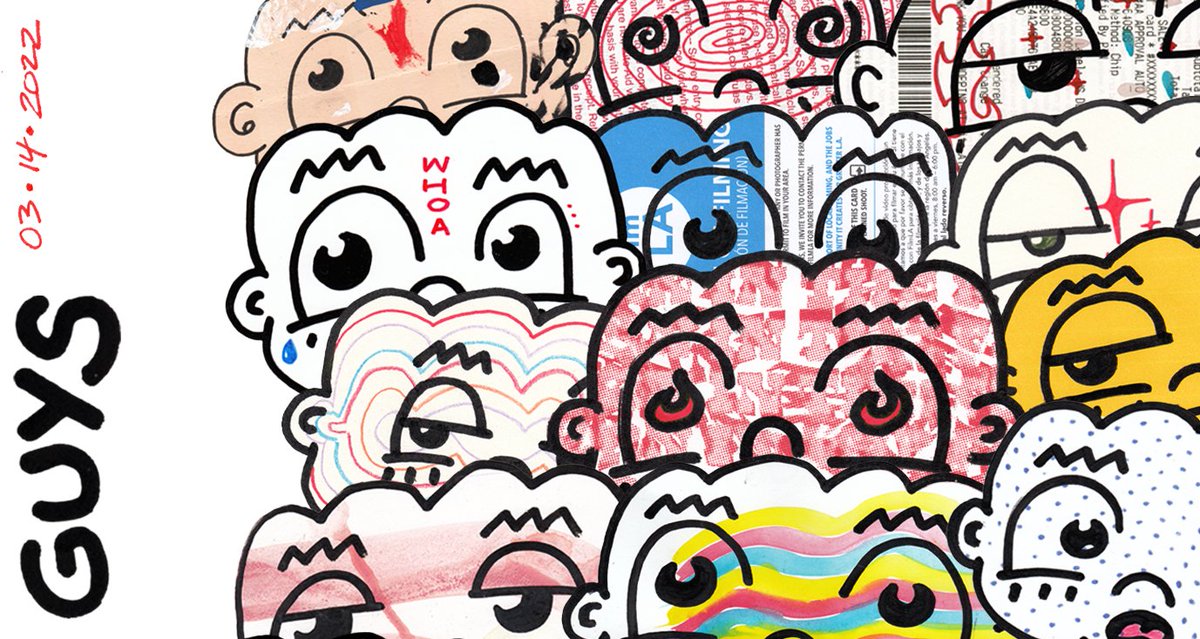 .<a href="/peachquintana/">peach 🦅🍒</a>, better known for working with Bad Bunny, Labrinth, Baby Keem and more is dropping his PFP "GUYS" on March 14th on Verified ✅ 

featuring 150 digitized multi-media pieces, encapsulated by an expression, that can also be seen on stickers around Los Angeles. 🌈