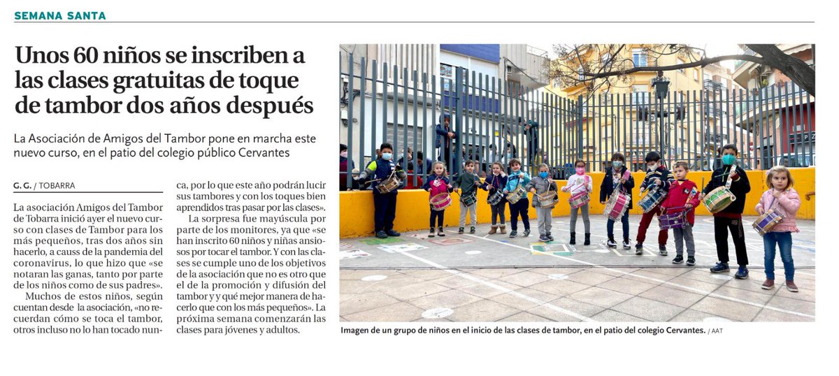 Los tambores de Tobarra vuelven a estar en los medios de comunicación, en este caso en la tribuna de Albacete, dando cuenta del éxito de las clases de tambor. 
#LaTribunadeAlbacete #tobarracunadeltambor