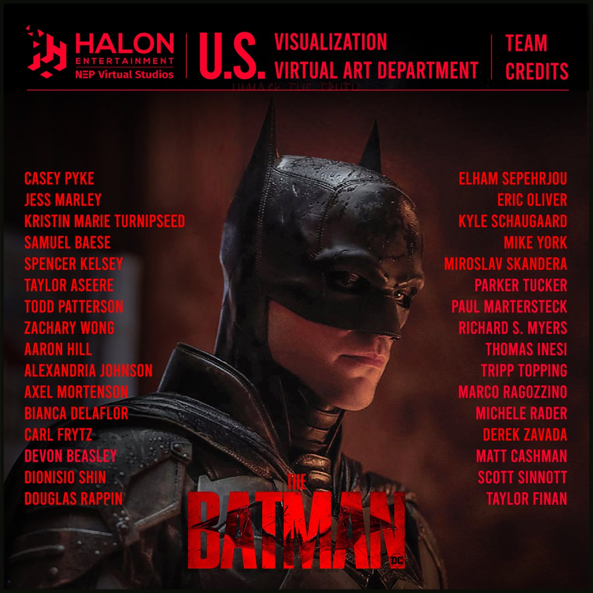 halonprevis's tweet photo. To celebrate the release of The Batman, we would like to give a shoutout to the members of our US team that worked on this amazing project! #TheBatman #halonentertainment #visualization https://t.co/k9pScyWrPQ