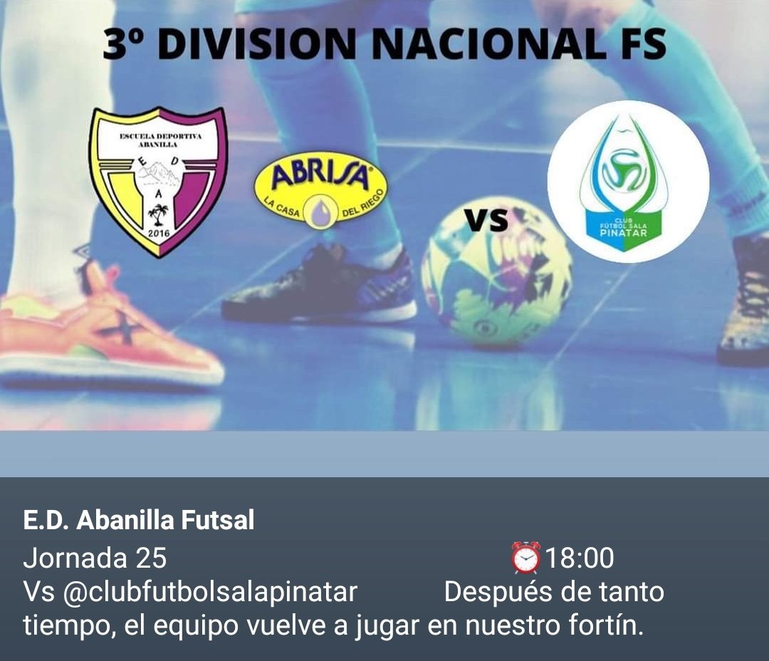 ‼️Afición, el equipo vuelve a jugar en casa, contamos con tu apoyo, nos quedan 6 finales‼️

✔️ <a href="/CFS_Pinatar/">Zambú CFS Pinatar Cerramientos Abatibles</a>
📊 Jornada 25
🗓 Domingo 13 de marzo
⏰ 18,00h
🏟 Pabellón municipal Pascual Saurín de Abanilla