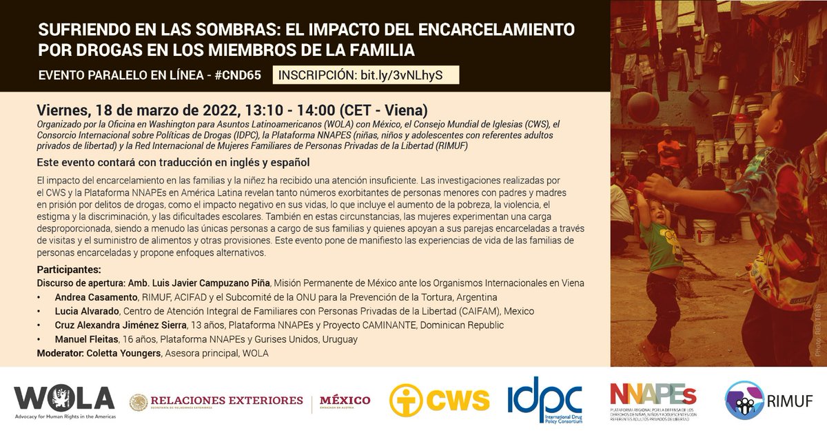 DocumentaAC's tweet photo. #EnAgenda🗓️| Acompáñanos el próximo viernes a este evento en el que participará Lucía Alvarado, coordinadora de nuestro #CAIFAM.
Se hablará del impacto que tiene en niños y niñas el tener familiares en prisión por delitos de drogas.
Inscríbete 👉 https://t.co/0Q7UHOw016 https://t.co/We734HPtz3