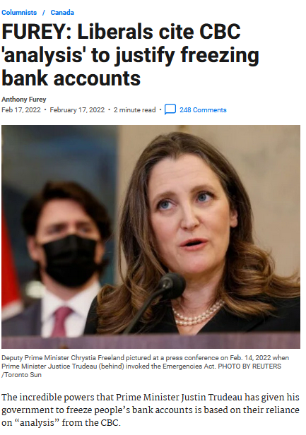 cosminDZS's tweet photo. Every single justification for Justin Trudeau's use of the Emergencies Act has been a lie. 

The Liberals cited CBC "analysis" to justify freezing bank accounts of protestors and the CBC just admitted it totally fabricated claims about foreign funding. https://t.co/w7LQjj5GpJ