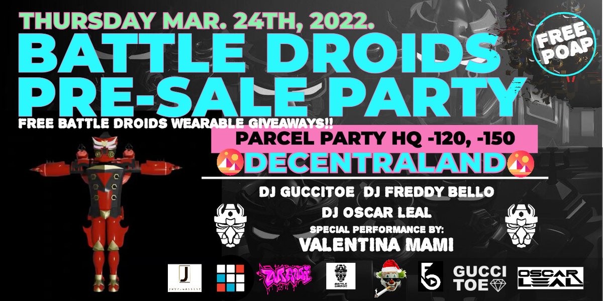 Who's ready to party with the 🤖<a href="/BattleDroidsNFT/">Battle Droids</a> at the @PARCELPARTIES HQ in @Decentraland? 🥳🍾🍾 

Performances by:
<a href="/DjOscarLeal/">Dj Oscar Leal</a> 
<a href="/homegirlval/">VALENTINA MAMI</a> 
@Defector_Dan 
@djfreddybello

LINK 👉events.decentraland.org/event/?id=b3f5…

#BattleDroids #NFT #Decentraland #Metaverse #party #events  #NFTGaming