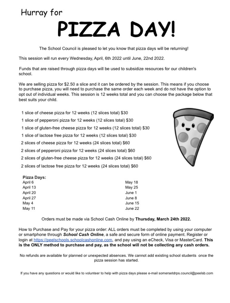 SomDrPS_Council's tweet photo. Happy Friday Somerset Fam! Don’t forget to place your Pizza Day orders by March 24th! Have a great March Break! @SomersetPS #PizzaDay #DontForget #HappyMarchBreak https://t.co/G0xRjtiJ6I