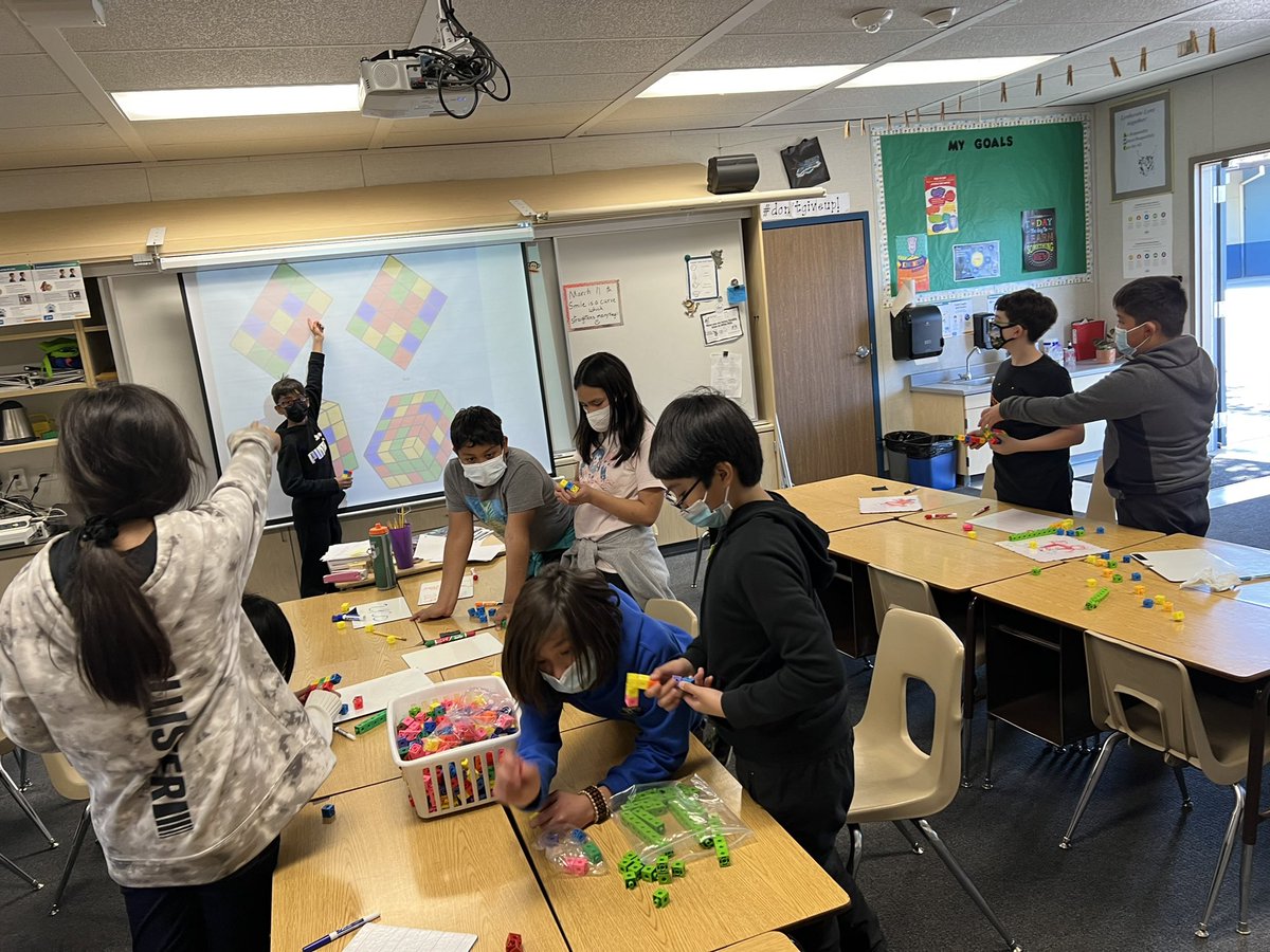 5th graders build connections between two-three dimensional representations of solids to construct a model with cubes. Sts develop deeper sense of geometric thinking. Mindset Mathematics, @joboaler, @campbellusd,@lynhavenlynx1,