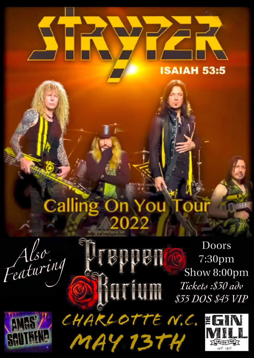 PreppenBarium's tweet photo. @Stryper at Amos’ on May 13th! We open the show! Sparks will fly! ⚡️✨ https://t.co/VFqkPjcvdO