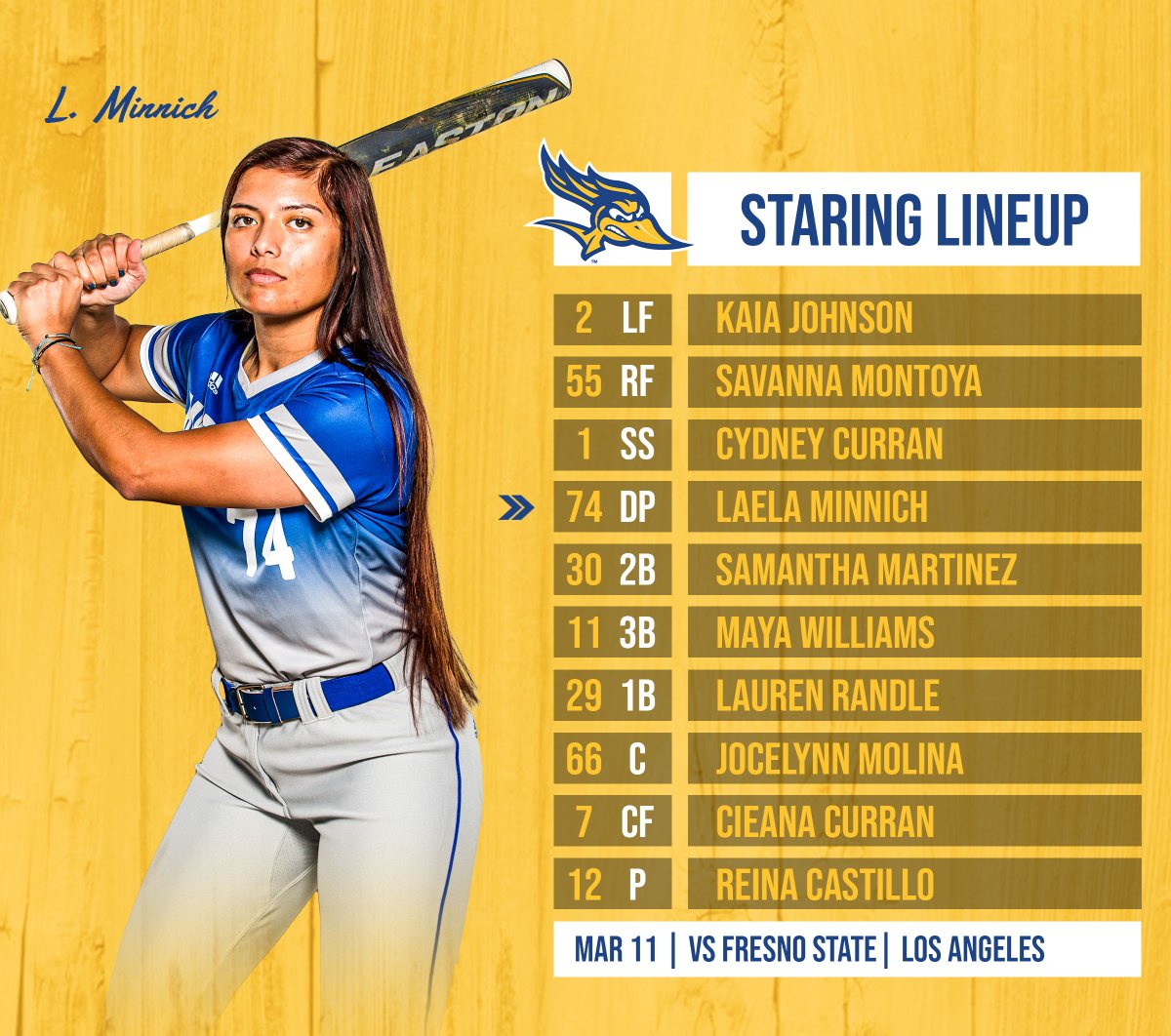 CSUB_Softball's tweet photo. Starting lineups are in and Laela Minnich will be making her CSU Bakersfield debut today!

Make sure to follow along with live stats as we take on Fresno State: https://t.co/RgacUAwwSj https://t.co/v1W1xXWdDc