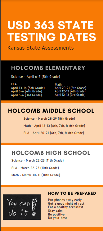 State Assessments are right around the corner! The testing dates for each building in the district are listed below. There are also a few testing tips.