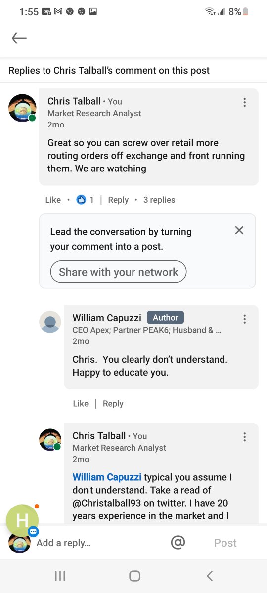 Christalball93's tweet photo. Here is William Capuzzi, CEO of Apex Clearing (who clears trades for most brokers) ADMITTING TO MANIPULATING THE PRICE OF #AMCSTOCK!
"Great. Then just keep an eye on what we will do" he said 2 months ago when I told him I know what theyre up to... π€ @TheJusticeDept https://t.co/wZSZZVKX7v