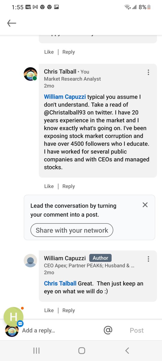 Christalball93's tweet photo. Here is William Capuzzi, CEO of Apex Clearing (who clears trades for most brokers) ADMITTING TO MANIPULATING THE PRICE OF #AMCSTOCK!
"Great. Then just keep an eye on what we will do" he said 2 months ago when I told him I know what theyre up to... π€ @TheJusticeDept https://t.co/wZSZZVKX7v