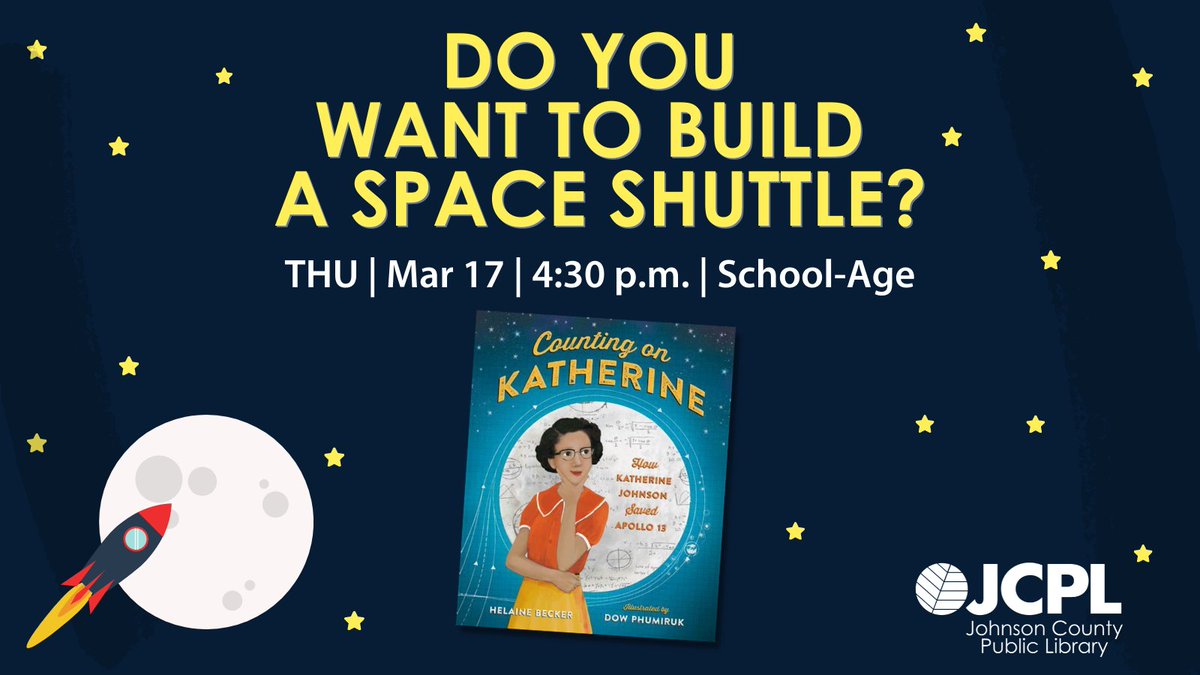 JCPLIN's tweet photo. Katherine Johnson was a renowned mathematician and NASA scientist. Come to the Trafalgar Branch to learn about her pivotal contributions to space study and make space shuttles!
Register: https://t.co/02ZQJBW4iB
#JCPLIN https://t.co/Y80IG16zuv