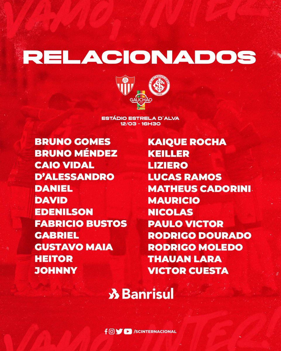 smellolucas's tweet photo. • Boschilia: Desconforto muscular na coxa direita;

• Palacios: Desconforto muscular na coxa direita;

• Rodrigo Moledo e Bruno Gomes são relacionados pela primeira vez;

• Moisés, Taison e Wesley Moraes também ficam fora;

#InterENM https://t.co/IqXsEAPWrH