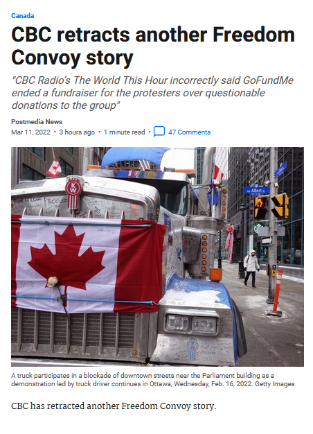 cosminDZS's tweet photo. Every single justification for Justin Trudeau's use of the Emergencies Act has been a lie. 

The Liberals cited CBC "analysis" to justify freezing bank accounts of protestors and the CBC just admitted it totally fabricated claims about foreign funding. https://t.co/w7LQjj5GpJ