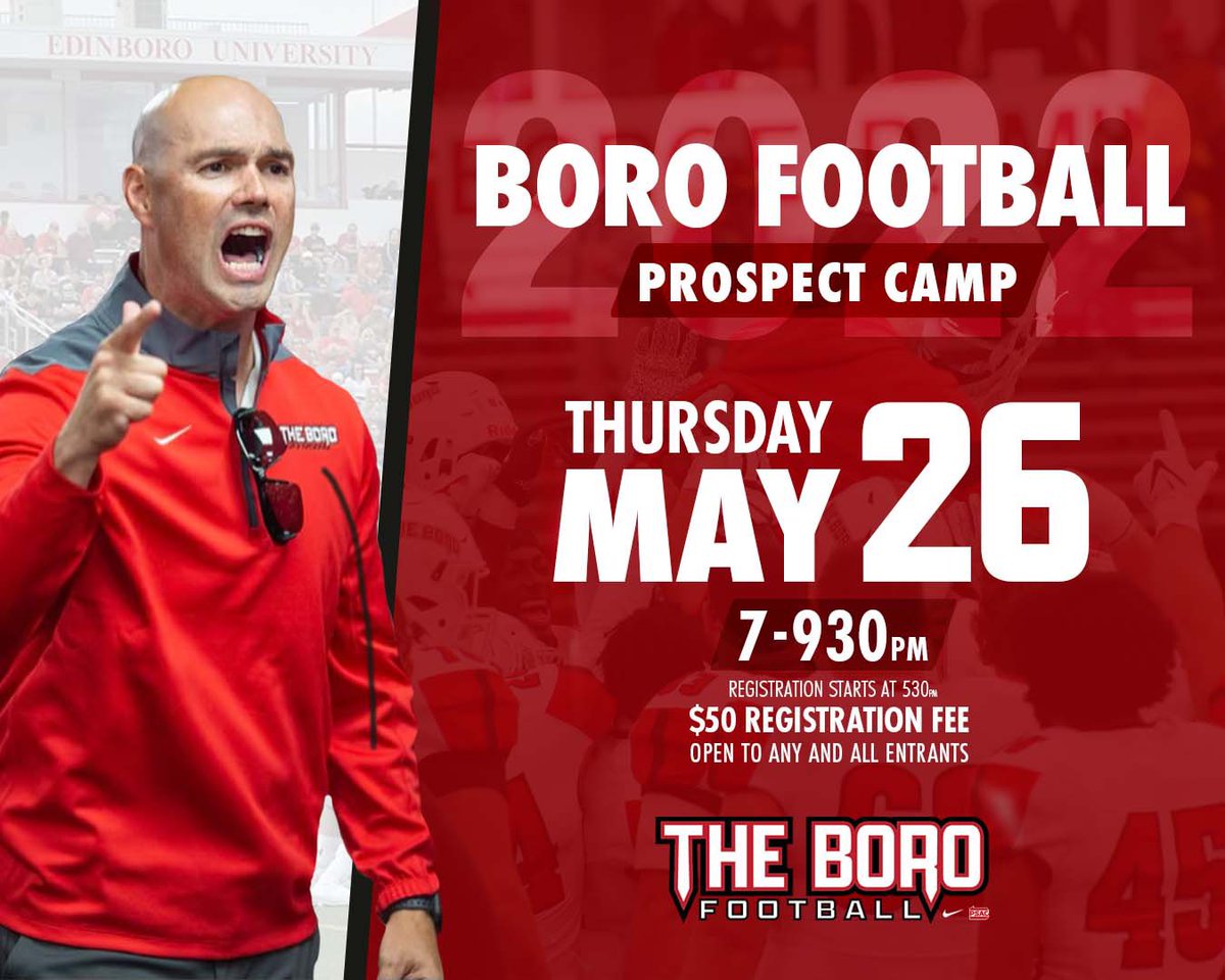 EdinboroFB's tweet photo. 🚨The Boro Prospect Camp🚨 

Great opportunity to showcase your talents under the lights at Sox-Harrison Stadium! 

📅 - Thursday, May 26
⏰ - 7pm - 9:30pm 
📍 - Sox-Harrison Stadium

#THEBORO 🔴🗡🛡⚪️

Sign up using the following link!
https://t.co/7yDZ9NRZWN https://t.co/84hEH6HJOk