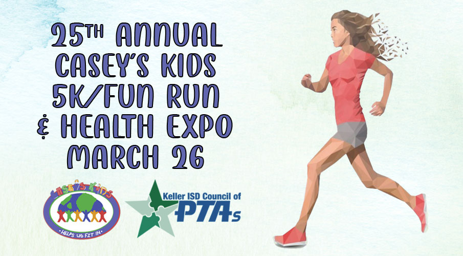 Join <a href="/KISDCouncilPTA/">Keller Council PTA</a> for the 25th Annual Casey's Kids Fun Run/5K and Health Expo on Saturday, March 26, at Bear Creek Park. This year, Carter BloodCare will be on hand for anyone interested in donating blood.

Find more info and sign up here – kellerisd.net/Page/2#calenda…