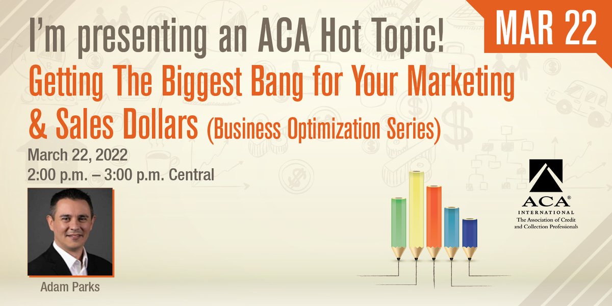 #ACAHotTopic March 22 – Get the biggest bang for your marketing and sales dollars from <a href="/AdamParks/">Adam Parks</a> in this business optimization series.

#HelpingMembersSucceed Register here:   bit.ly/36bH7ps