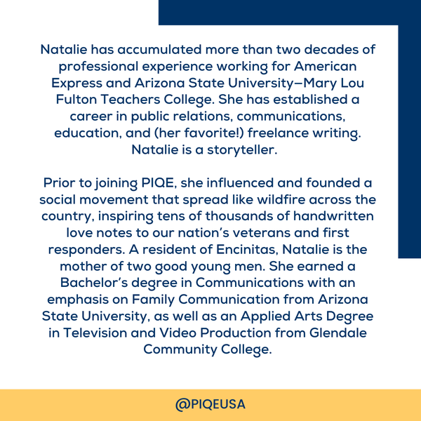 PIQEUSA's tweet photo. Join us in welcoming Natalie Reilly to the #PIQEteam!🎊⁠
Natalie is a natural born story teller, &amp; she's joining our team as our newest Communication Specialist. Welcome Natalie!🥳⁠

https://t.co/JuEWfd0Ykv

#PIQE35 #PIQEstrong #PIQEfamilies #PIQEParents ⁠#anniversary #PIQE https://t.co/0T3ZKzPv40