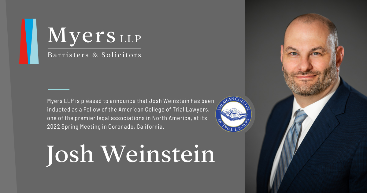 Myers_LLP's tweet photo. Myers LLP is pleased to announce that Josh Weinstein has been inducted as a Fellow of the American College of Trial Lawyers (@Actl), one of the premier legal associations in North America, at its 2022 Spring Meeting in Coronado, California.
https://t.co/9GTaXXz45k
#mblaw https://t.co/p0b6xNjGJ8