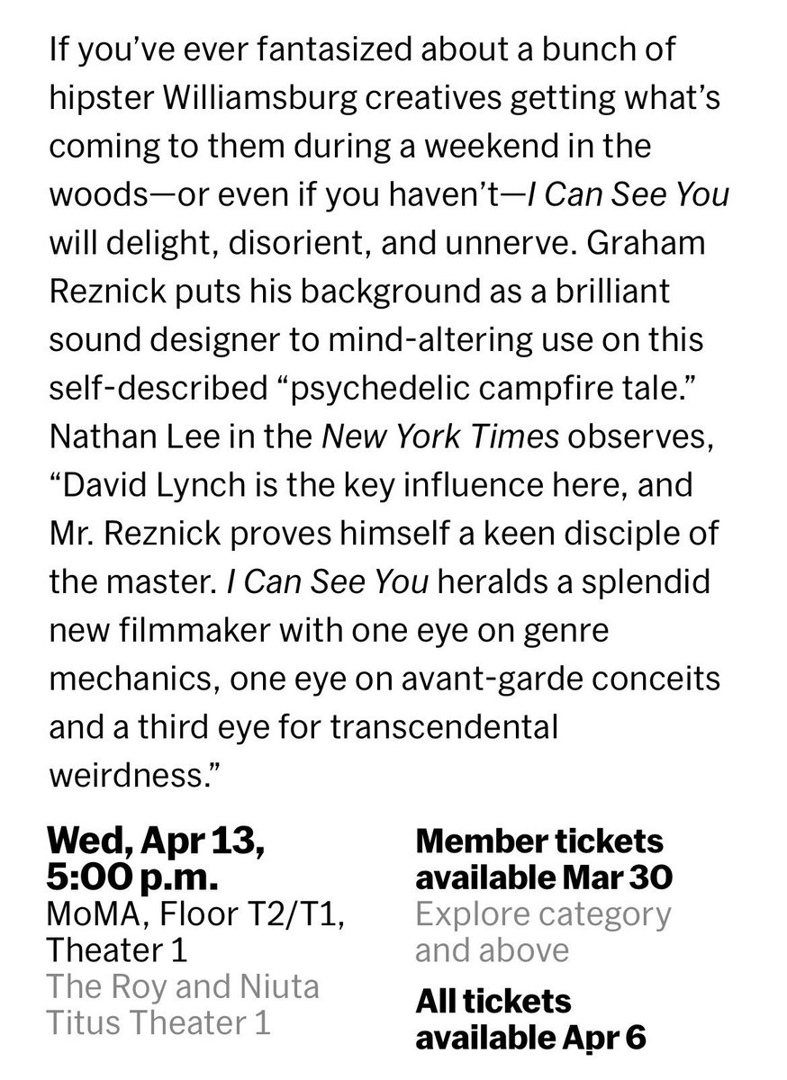 GrahamReznick's tweet photo. I CAN SEE YOU will be screening at @MoMAFilm on 4-7 and 4-13 as part of an incredible lineup of films and filmmakers celebrating Larry Fessenden and @glasseyepix https://t.co/RxaPzlep5X