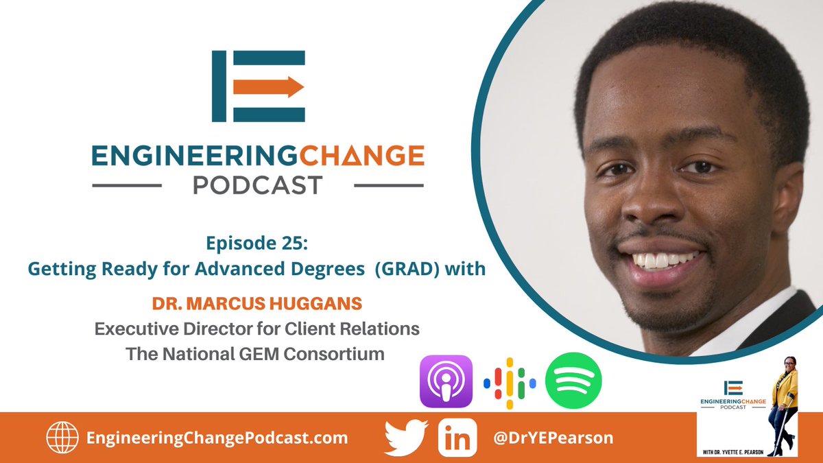 dryepearson's tweet photo. ICYMI: It’s here! Our #EngineeringChange episode with Dr. Marcus Huggans from @GEMFellowship is available on @ApplePodcasts, @Stitcher, @amazonmusic or wherever you get your podcasts! Please subscribe. Thank you! #DEI #DrYEP #EngineeringJobs https://t.co/mKpBqJ1JaL