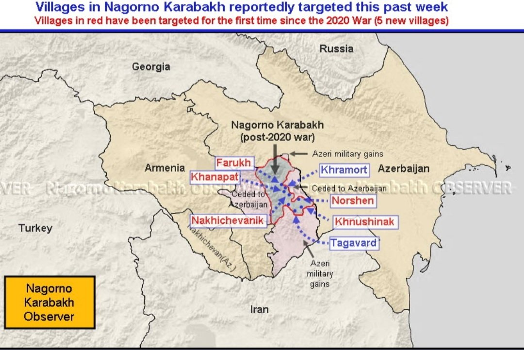 jchribuisson's tweet photo. La carte des 7 villages #armeniens d'#Artsakh #HautKarabakh pris pour cibles par l'armée azerbaïdjanaise ces 8 derniers jours (avec 1 mort et plusieurs blessés dont des civils). Et toujours pas une seule institution internationale pour s'en inquiéter, le signaler, le dénoncer ! https://t.co/Rcer6qFn3M