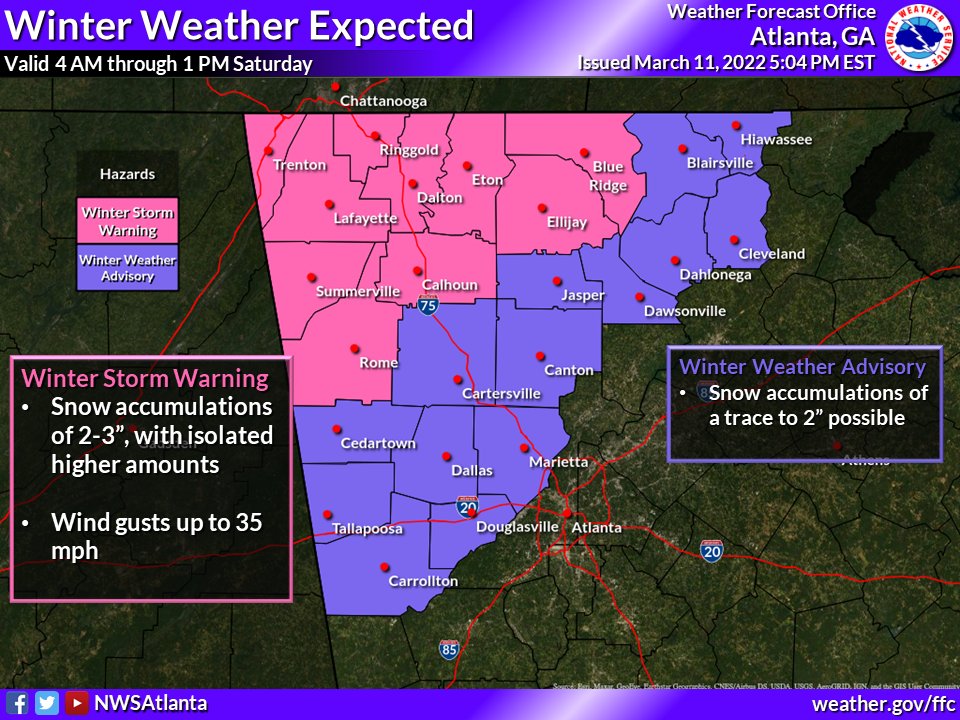 NWSAtlanta's tweet photo. Portions of north and northwest Georgia have been upgraded to a Winter Storm Warning, beginning 4 AM Saturday. ❄️ Gusty winds and periods of heavy snow may result in reduced visibility. Be cautious if driving, as roads may become slick. 🚗🦥 #gawx https://t.co/OZUQMKZqL3