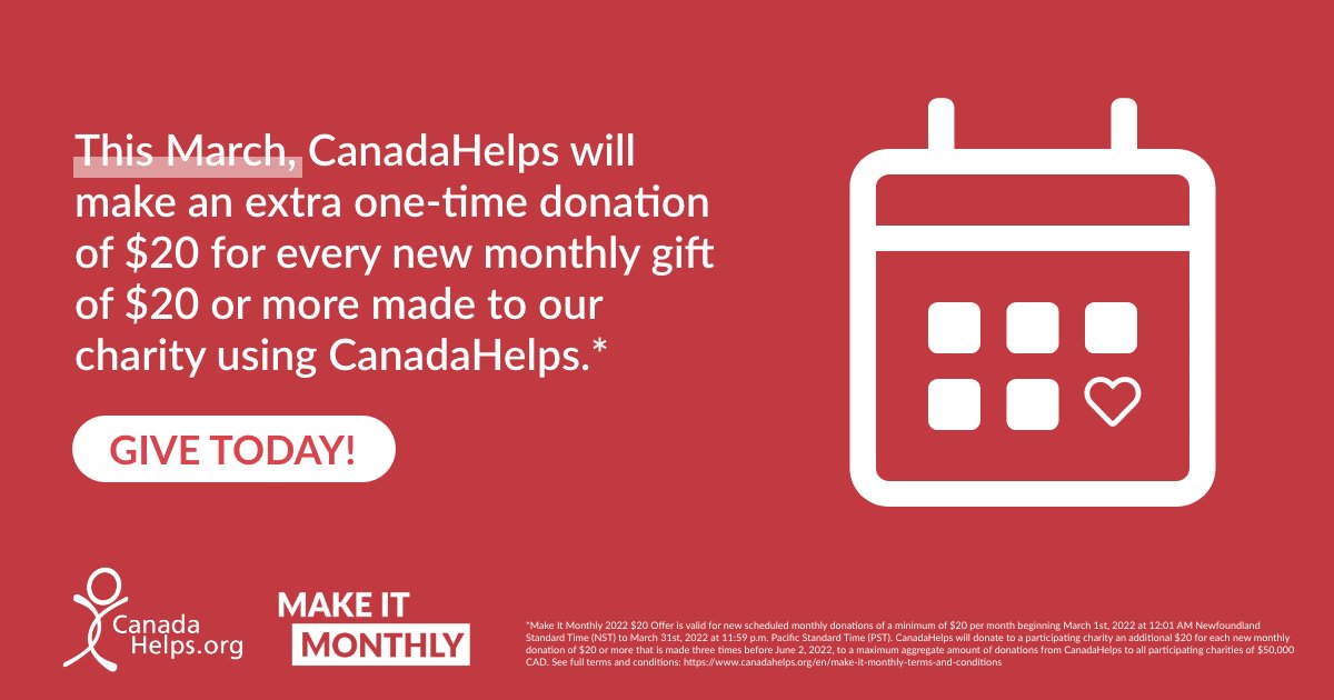 For every NEW Monthly $20 donation Canada Helps will donate $20 to us for the month of March! With gas prices as they are this will really help! buff.ly/3t4QHUo