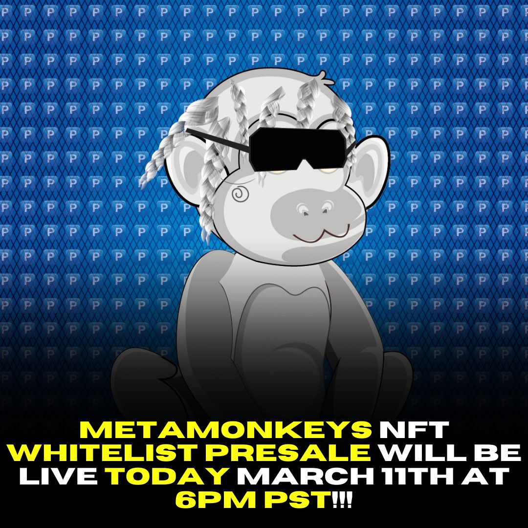 metamonkeysnfts's tweet photo. 🚨Whitelist presale is today at 6 pm PST!🚨

Who’s joining us on our journey from the jungle to the MOON!🚀🐒🍌

#nft #NFTGiveaway #nfts #crypto #eth #Ethereum https://t.co/hzgGEIpilK