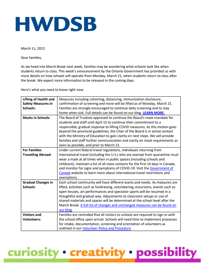 HWDSB's tweet photo. As we head into March Break, families may be wondering what schools will look like when students return to class.

Read our Letter to Families on the Lifting of COVID-19 Restrictions for details on how schools will operate March 21.

What you need to know: https://t.co/Ow1JJEeP29 https://t.co/LErlHDnatc