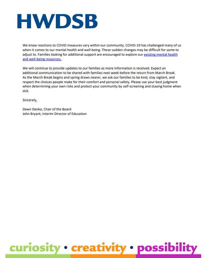 As we head into March Break, families may be wondering what schools will look like when students return to class.

Read our Letter to Families on the Lifting of COVID-19 Restrictions for details on how schools will operate March 21.

What you need to know: hwdsb.on.ca/blog/letter-to…