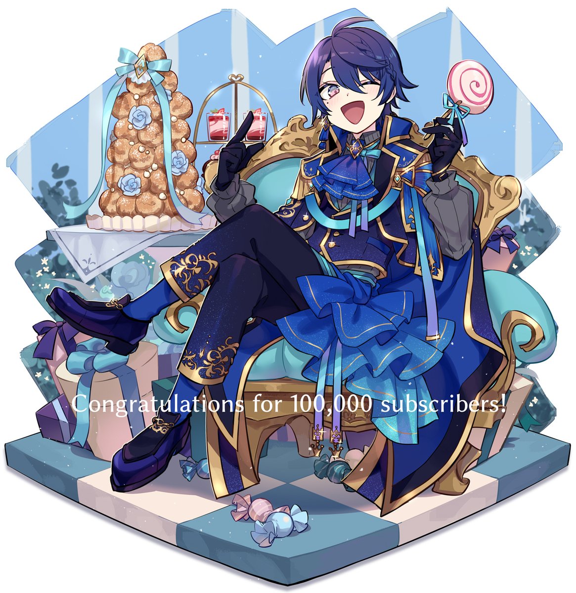 candy food one eye closed 1boy male focus gloves holding candy  illustration images