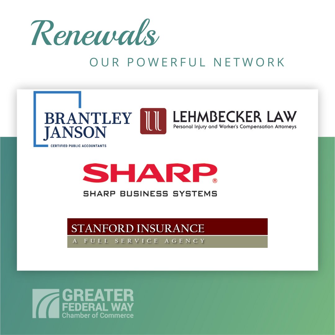 FedWayChamber's tweet photo. Membership Matters! Thank you to this week's renewing members: Brantley Janson, @LehmbeckerLaw, @SharpHomeUSA Federal Way, and @insurance_si #membershipmatters #takethefederalway #voiceofbusiness #shopchamber https://t.co/vNJZqw6qRQ