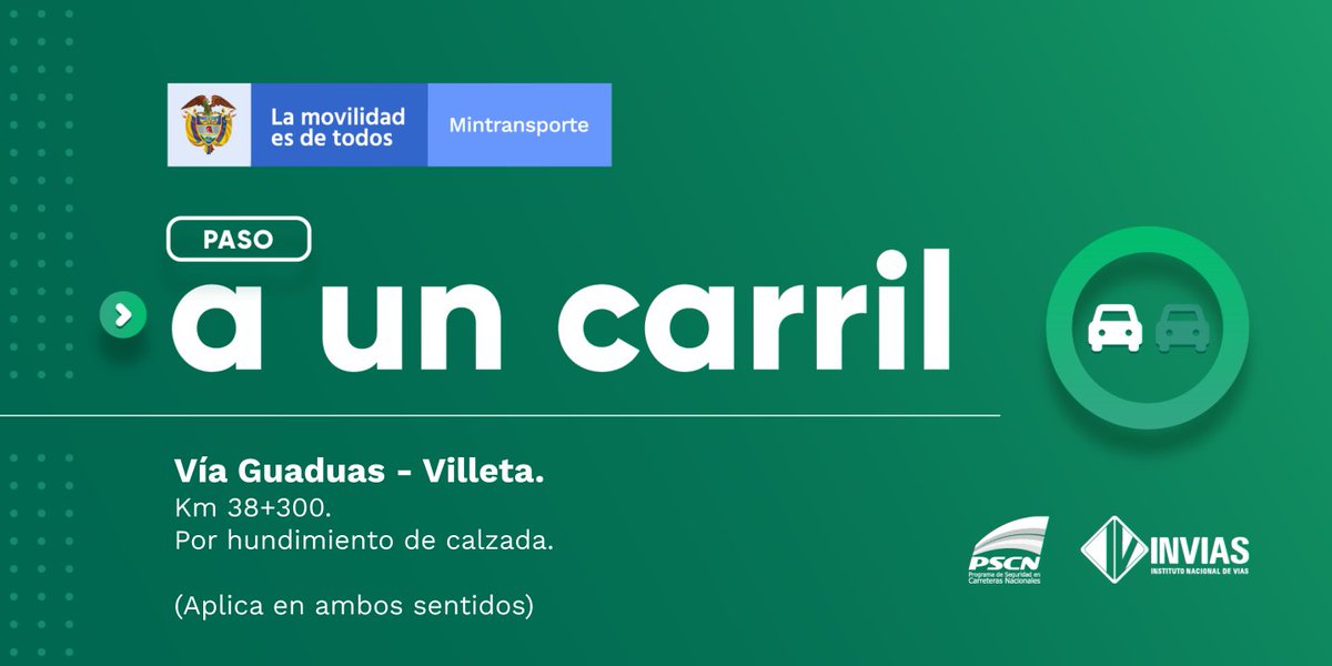 ¡Buenas tardes!

#NovedadVial Departamento de #Cundinamarca se presenta paso a un carril. #EnDesarrollo

Trabajamos para mantenerte informado.