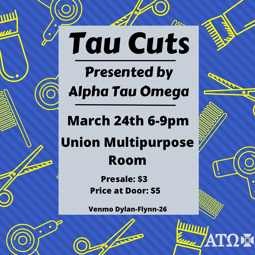 BGSU_ATO's tweet photo. The men of Alpha Tau Omega present Tau Cuts, our annual philanthropy event โ๏ธ
Come bid to cut or dye our hair with all proceeds going to Nationwide Childrenโs Hospital-Toledo๐
We hope to see you there!!
#TauCuts #FTK #LnR https://t.co/58Z2pF5Z6U
