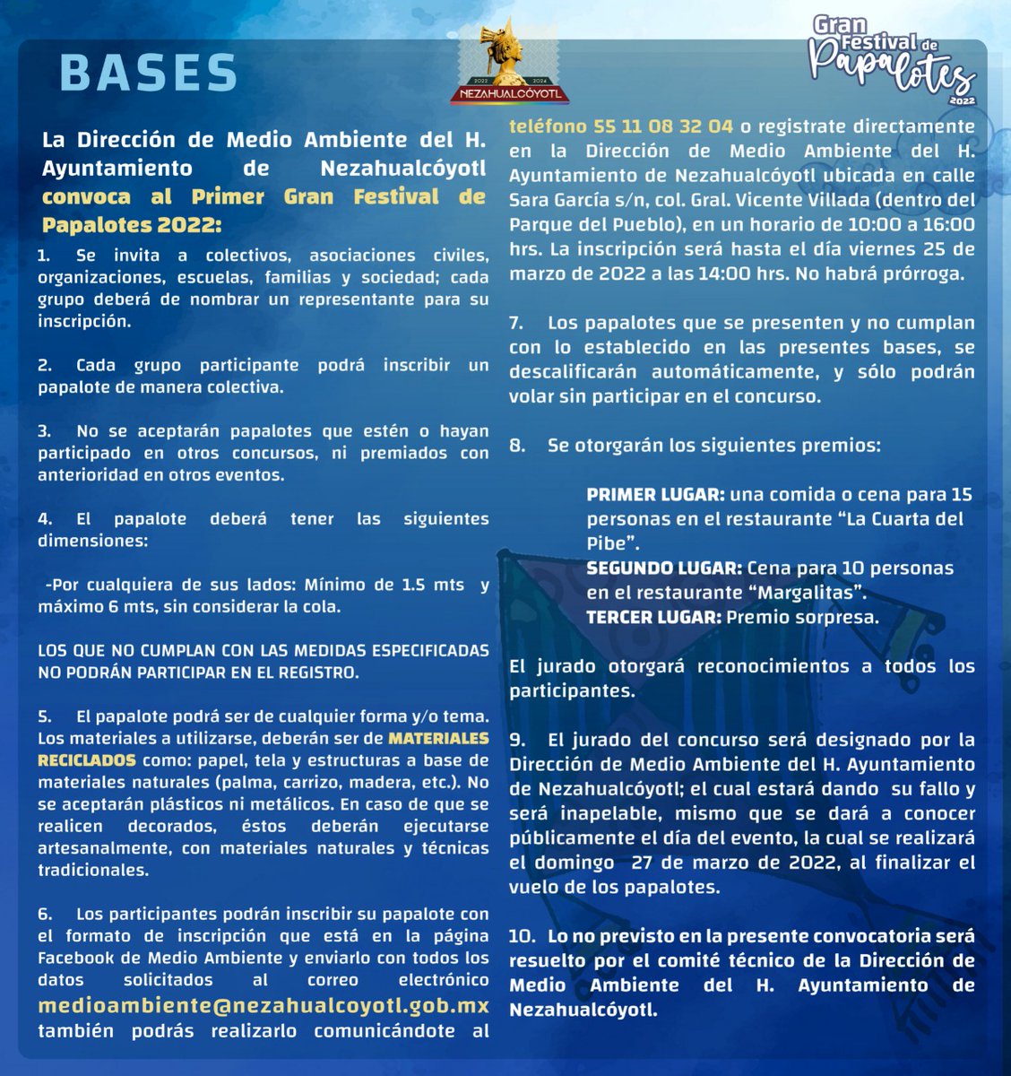 GobNeza's tweet image. #Bases | Consulta las bases de nuestro 1er Gran Festival de #Papalotes 2022 🪁 que se realizará el 27 de marzo en el estacionamiento del Deportivo Ciudad Jardín.

¡Participa!
