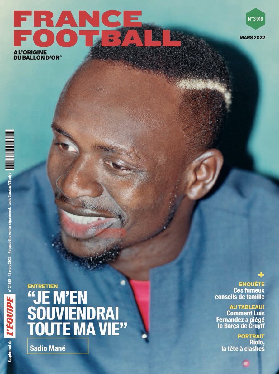 🗞 Sadio Mané à la une de @francefootball à retrouver dans vos kiosques samedi avec <a href="/lequipe/">L'Équipe</a> et <a href="/lemaglequipe/">Le magazine L'Équipe</a>. Et dans votre kiosque numérique sur le site <a href="/lequipe/">L'Équipe</a>