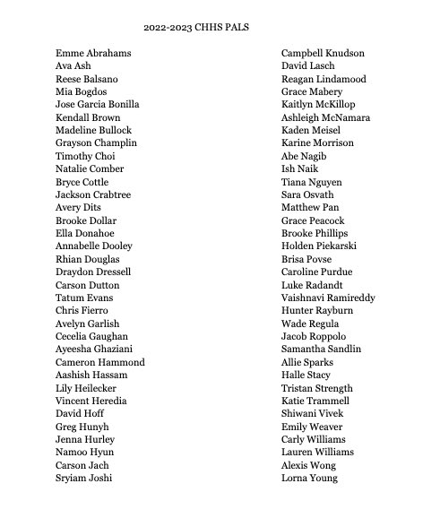 CHHS PALS (@chhs_pals) on Twitter photo Congratulations to the following CHHS 2022-2023 PALS! We are so excited you are here! #palsplaytowin Congratulations to the following CHHS 2022-2023 PALS! We are so excited you are here! #palsplaytowin