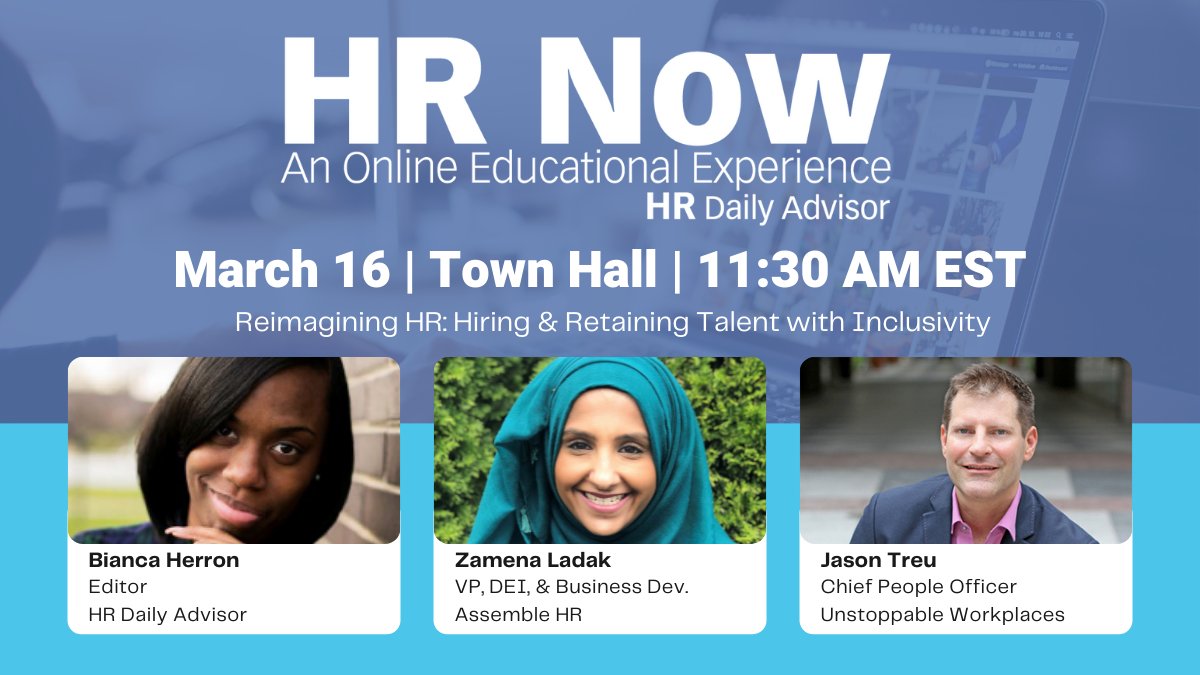 HRDailyAdvisor's tweet photo. During these challenging times, #HR leaders must focus on inclusion to retain talent. Join us for a special #HRNow panel discussion, on 3/16, about the importance of building a culture for inclusive #recruitment and #retention. Reserve your free spot: https://t.co/wXtJeLuagl https://t.co/pNxVKiejld