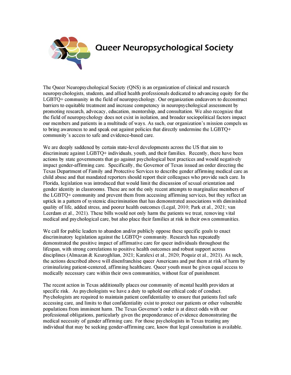 QueerNeuroPsych's tweet photo. The Executive Board of QNS has released a statement in response to recent political activities impacting the LGBTQ+ community and the providers who serve them. @AsianNeuropsych @SoBlackNeuro @HispanicNS @TheAACN @Div40ANST @NANneuropsych @INSneuro @APA https://t.co/aEtaH9lt1N