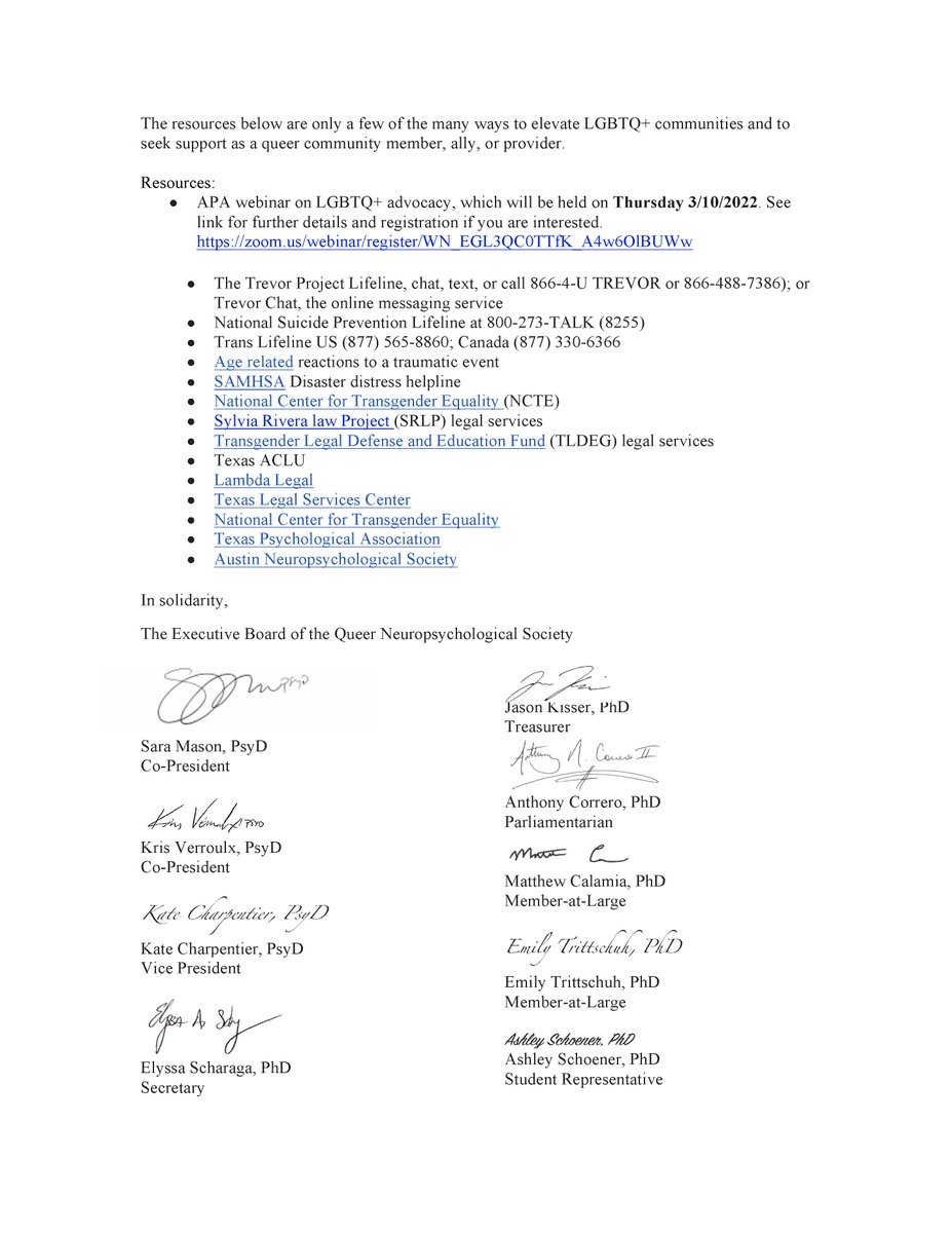 QueerNeuroPsych's tweet photo. The Executive Board of QNS has released a statement in response to recent political activities impacting the LGBTQ+ community and the providers who serve them. @AsianNeuropsych @SoBlackNeuro @HispanicNS @TheAACN @Div40ANST @NANneuropsych @INSneuro @APA https://t.co/aEtaH9lt1N