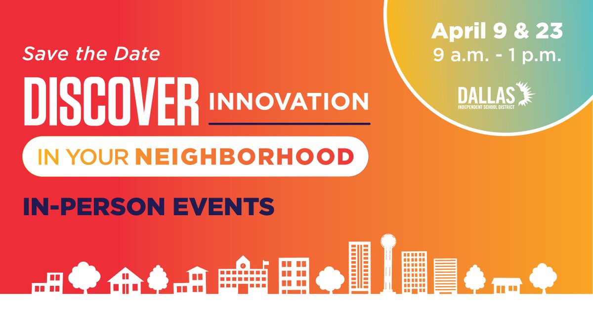 dallasschools's tweet photo. Dallas ISD neighborhood schools are home to innovation. Save the date and join us on Sat., April 9 & Sat., April 23 to Discover the gems in your backyard!
Visit https://t.co/MWNiym5wBi to find an event date and location near you!
#DallasISDIsHome https://t.co/Oe2LmmKuiF