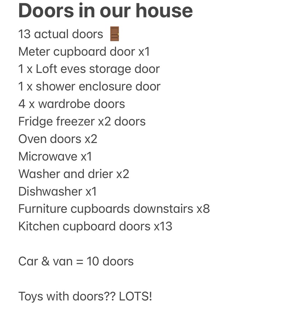 s3sje's tweet photo. @LadyOfAquitaine @JamesAllen1990 @stentygee123 @TheLastLeg #moredoors we counted this many doors just in our house 🙈 Some people don’t own any form of transport (car/bike) but there’s still a hell of a lot of wheels in the world. https://t.co/K9Lvdabr3n