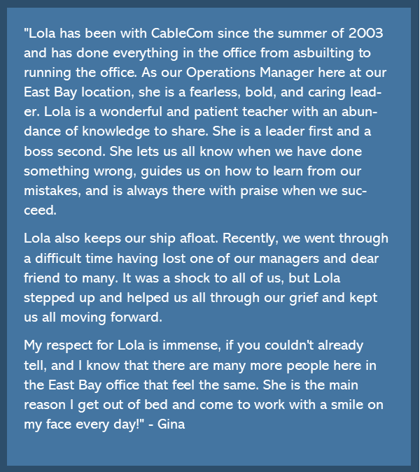 CableComJobs's tweet photo. For #WomeninConstructionWeek, we highlight #WomenSupportingWomen in #construction and share what co-workers at #CableCom have to say about each other. Staff at our East Bay location can all agree that Lola is a rock star! Meet Lola and what a colleague had to say about her: https://t.co/kzXMTecIbu