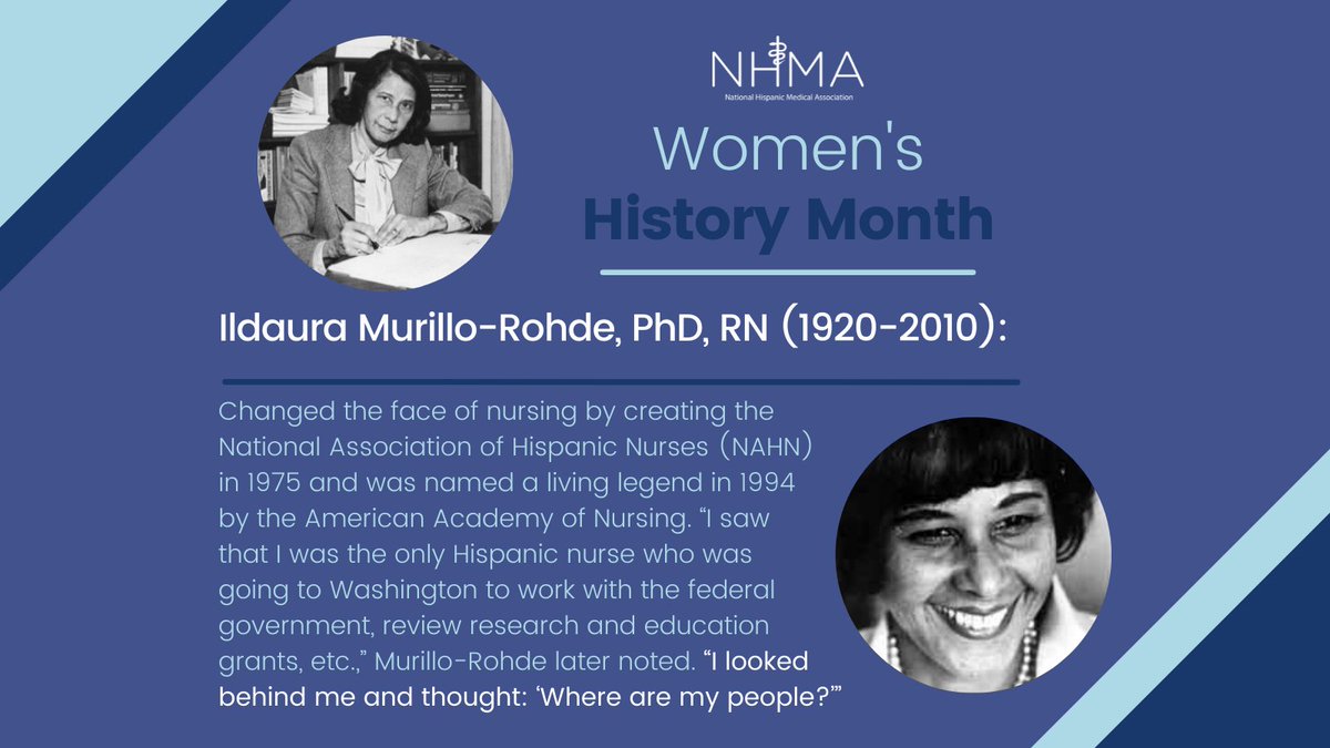 Ildaura Murillo-Rohde was a Panamanian nurse who broke barriers in establishing the National Association of Hispanic Nurses. Founded and lead by women, NHMA strives to carry forth the work of leaders like her in healthcare advocacy and diversity in medicine. #WomensHistoryMonth